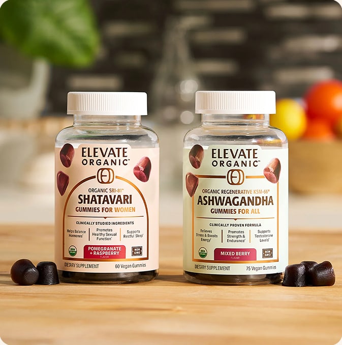 Elevate Organic Shatavari and Ashwagandha gummies on a kitchen counter