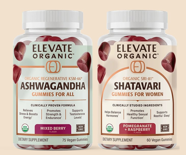 Elevate Organic Ashwagandha and Shatavari gummies bottles